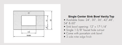 Vanity Top MM- 24" / 30" / 36" / 42" / 48/ 54" / 60" (CT Only)