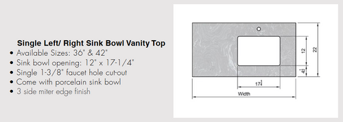 Vanity Top MM- Left OR Right Sink Bowl- 36"/42" (CT Only)