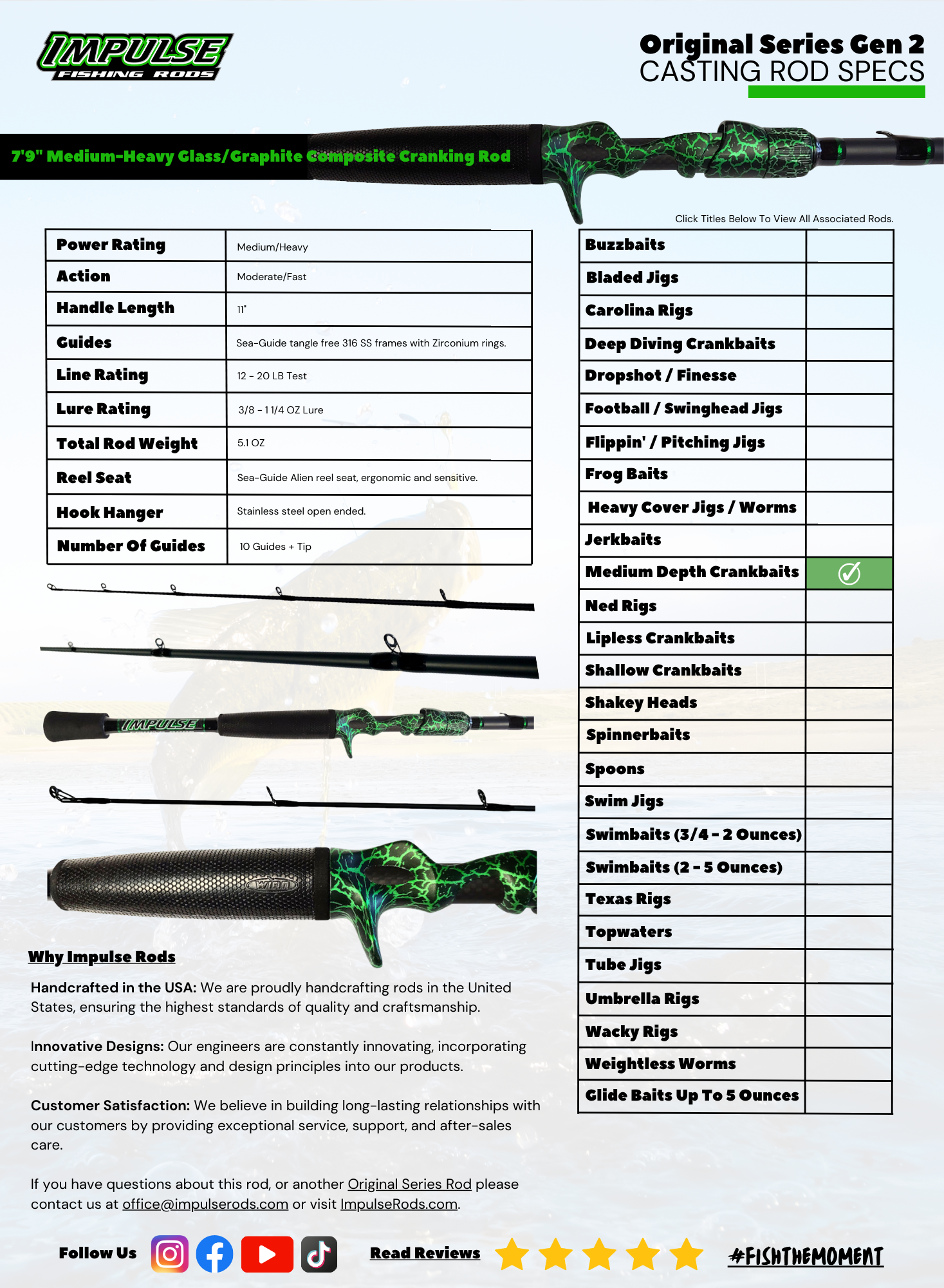 7'9" Medium Heavy Glass/Graphite Composite Cranking Rod Specs