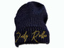 Stylish Daily Roller Navy knitted hat with a  strong feeling and intricate metallic gold d∞R™ embroidery