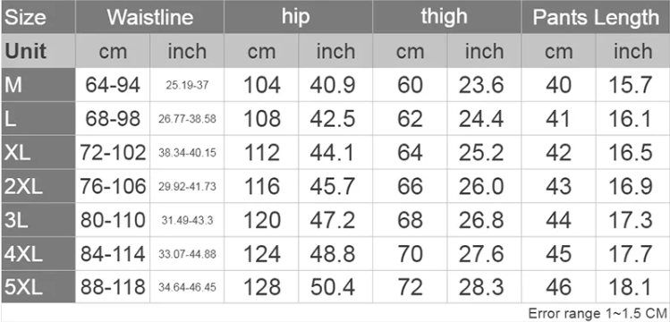 Promotional Shorts Sizing Chart