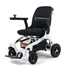 Ally Power Wheelchair in White, front three-quarter view facing left, footplate down