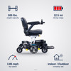 Buzzaround Carry-On Powerchair specifications: 300 lbs. capacity, 12.5 mi range, 3.85 mph top speed