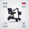 Buzzaround CarryOn HD Travel 4-Wheel Scooter specifications: 400 lbs. capacity, 14.2 mi range, 4.29 mph top speed
