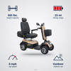 Golden Eagle 4-Wheel Scooter specifications: 500 lbs. capacity, 23 mi range, 8 mph top speed