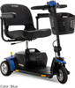 Go Go Elite Traveller 3-Wheel Scooter with blue panels, front three-quarter view facing right