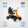 Baja Wrangler 2 4-Wheel Scooter specs: 450 lbs. weight capacity, 16.5 mi range, 11.5 mph top speed, outdoor use