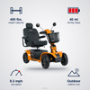 Pursuit 2 4-Wheel Scooter specifications: 400 lbs. capacity, 40 mi range, 9.3 mph top speed