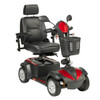 Drive Medical Ventura DLX 4-Wheel Scooter, front three-quarter studio view with red panels, captain seat and front basket