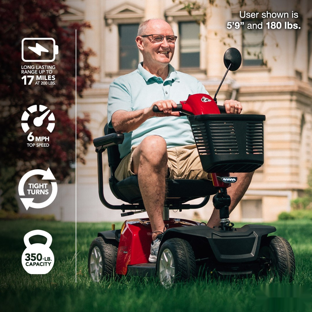 Mega Motion Rascal Conquest 4-Wheel Scooter, red, lifestyle, rider on a lawn