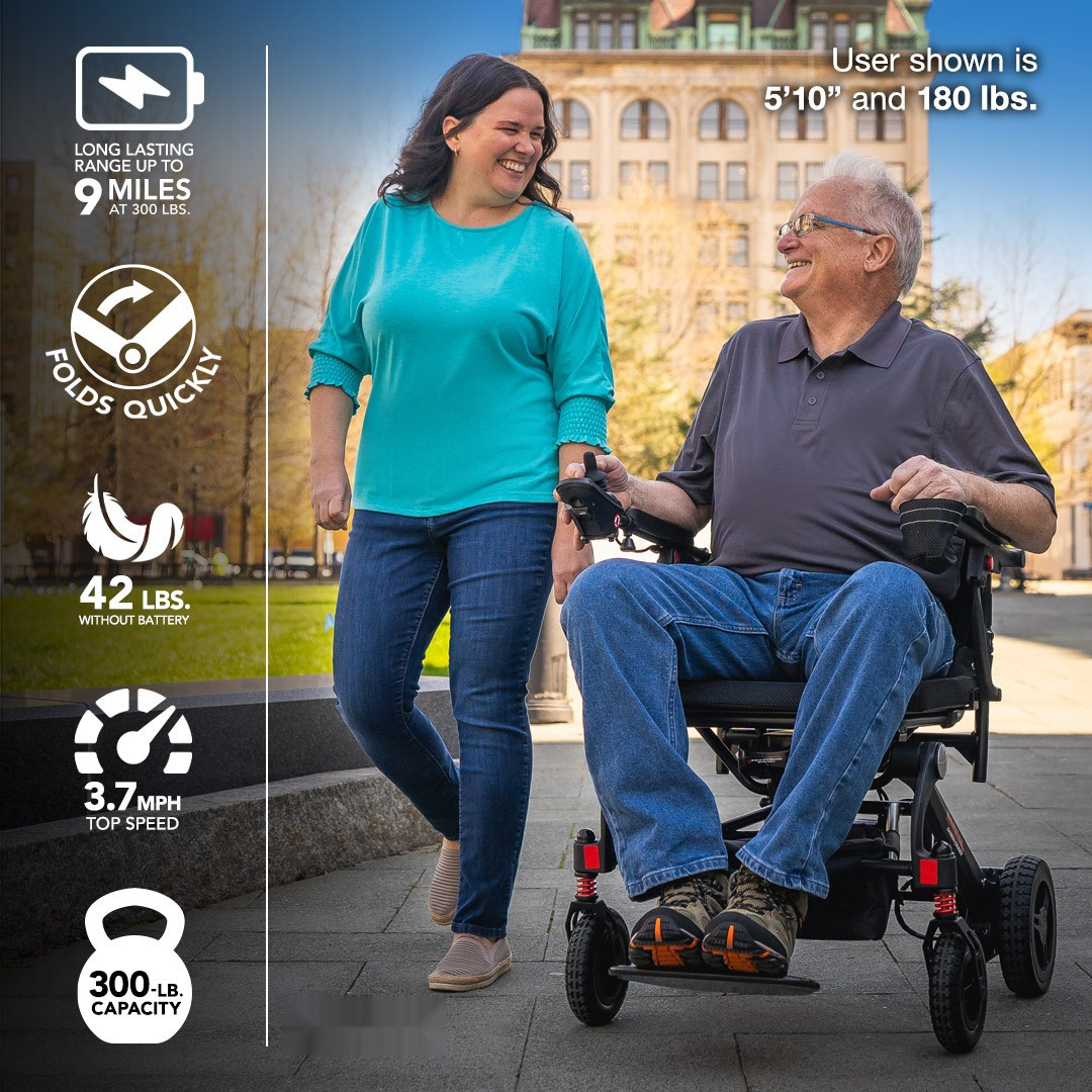 Mega Motion Rascal Carbon Cruiser Folding Power Wheelchair, black, lifestyle, rider on a city sidewalk