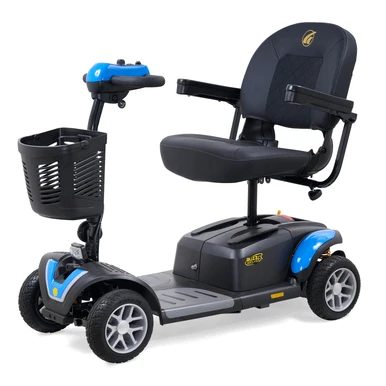 Blue Buzzaround EX 4-wheel scooter, angled view from the basket side