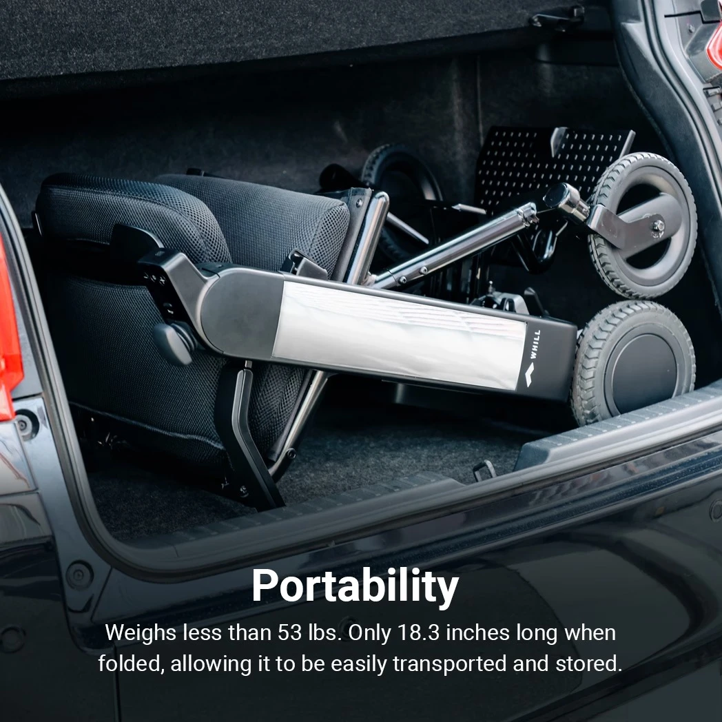 WHILL Model F power wheelchair folded in a car trunk