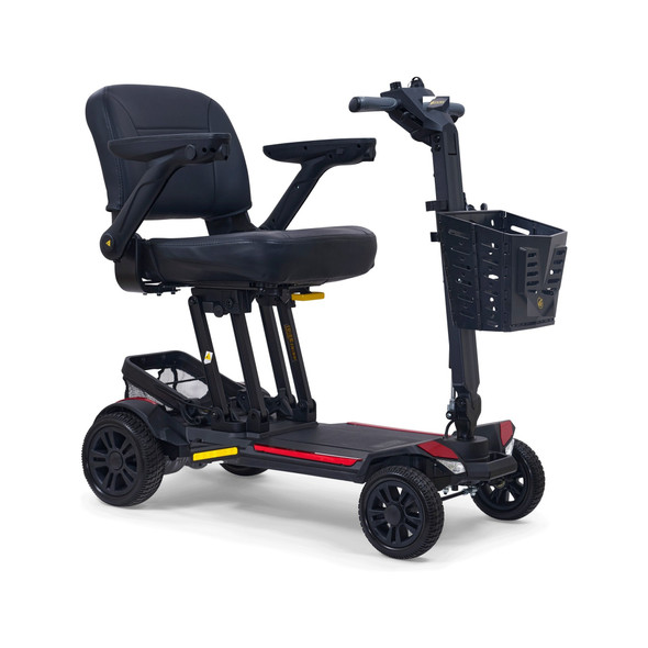 Buzzaround CarryOn HD Travel 4-Wheel Scooter in Red, front three-quarter view facing right