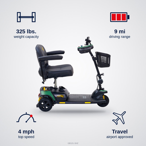 Buzzaround XLSHD 3-Wheel Scooter specifications: 325 lbs. capacity, 9 mi range, 4 mph top speed
