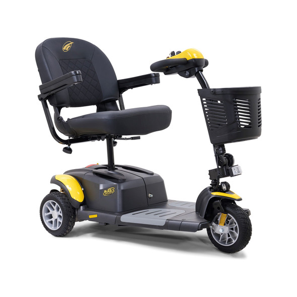 Buzzaround EX 3-Wheel Scooter in Canary Yellow, front three-quarter view facing right