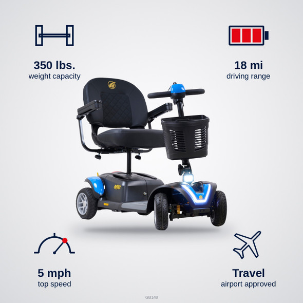 Buzzaround EX 4-Wheel Scooter specifications: 350 lbs. capacity, 18 mi range, 5 mph top speed