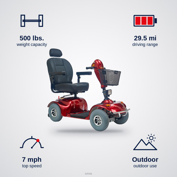 Golden Avenger 4-Wheel Scooter specifications: 500 lbs. capacity, 29.5 mi range, 7 mph top speed