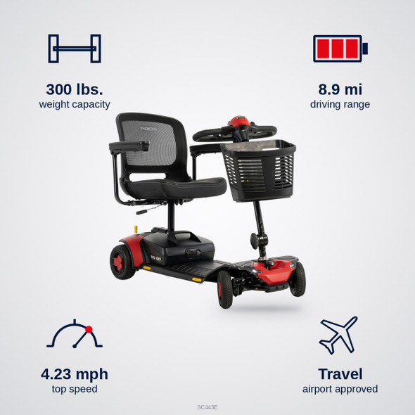 Go Go Elite Traveller 3 4-Wheel Scooter specifications: 300 lbs., 4.23 mph, 8.9 mi range, 39.2 in. turning radius