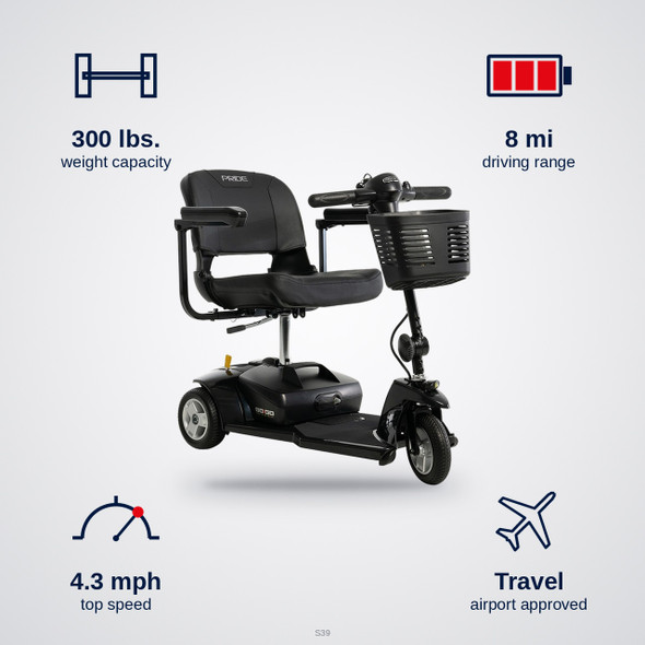 Go Go Ultra X 3-Wheel Scooter specifications: 300 lbs. capacity, 8 mi range, 4.3 mph top speed