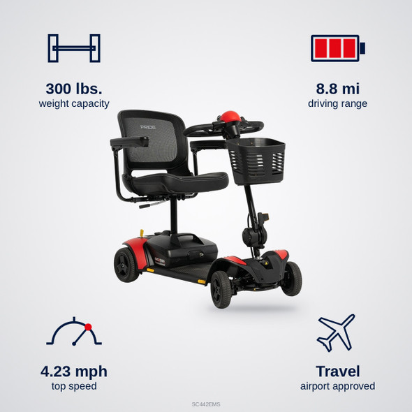 Go Go Elite Traveller 2 Platinum 4-Wheel Scooter specifications: 300 lbs. capacity, 8.8 mi range, 4.23 mph top speed