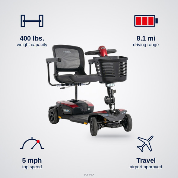 Go Go Endurance AL+ 4-Wheel Scooter specifications: 400 lbs. capacity, 8.1 mi range, 5 mph top speed
