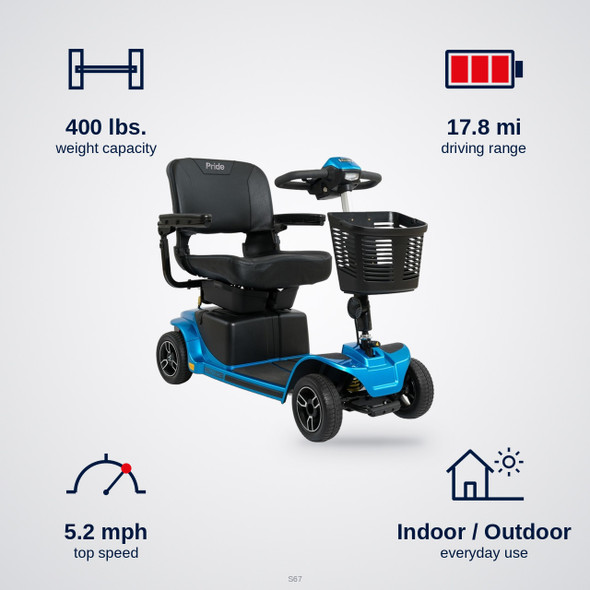 Revo 2.0 4-Wheel Scooter specifications: 400 lbs. capacity, 17.8 mi range, 5.2 mph top speed