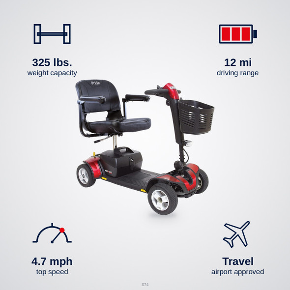 Go Go Sport 4-Wheel Scooter specifications: 325 lbs. capacity, 12 mi range, 4.7 mph top speed