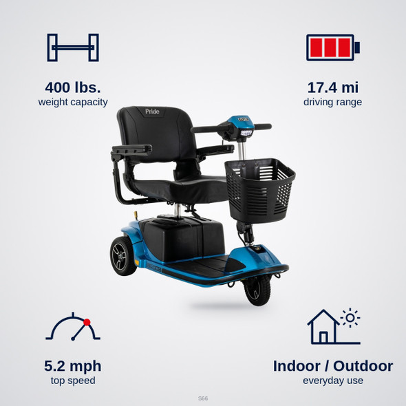 Revo 2.0 3-Wheel Scooter specifications: 400 lbs. capacity, 17.4 mi range, 5.2 mph top speed