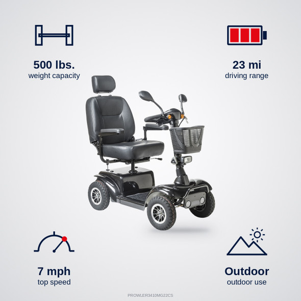 Drive Medical Prowler 3410 4-Wheel Scooter, spec summary: weight capacity, range, top speed and use