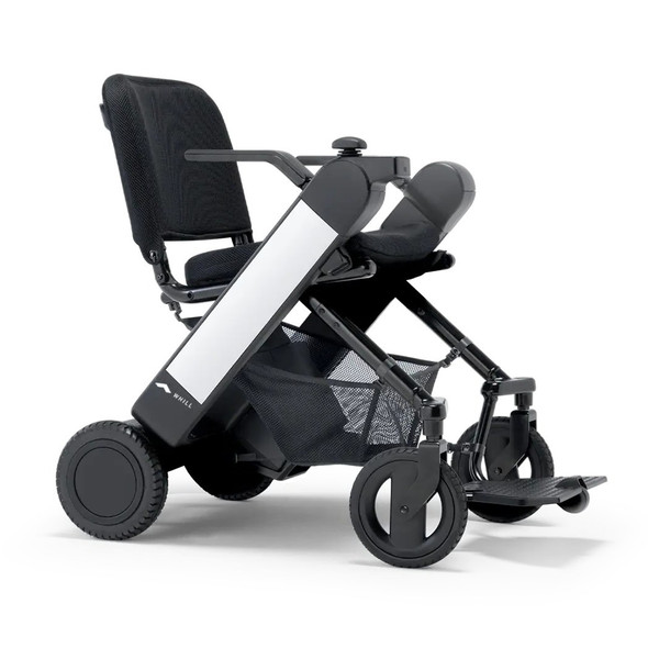 WHILL Model F Folding Power Wheelchair, front three-quarter studio view