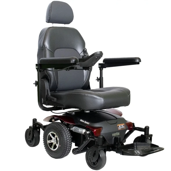 Merits Health Vision Sport Power Wheelchair, red, front 3/4