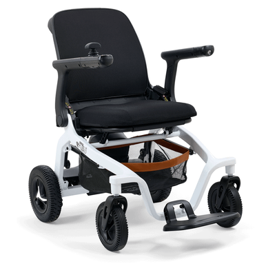 Ally Power Wheelchair in White, front three-quarter view facing right, armrests level