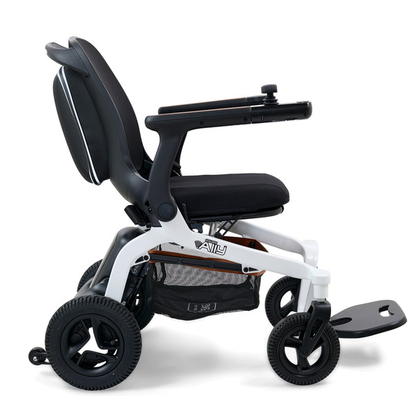 Ally Power Wheelchair in White, front three-quarter view facing right