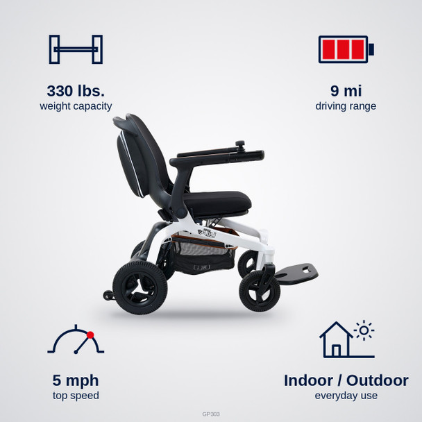 Ally Power Wheelchair specifications: 330 lbs. capacity, 9 mi range, 5 mph top speed