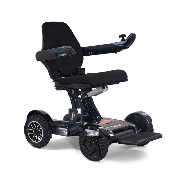 Ally Sport Power Wheelchair in Carbon Fiber, front three-quarter view facing right