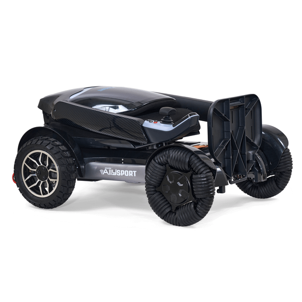 Ally Sport Power Wheelchair in Carbon Fiber, folded, three-quarter view