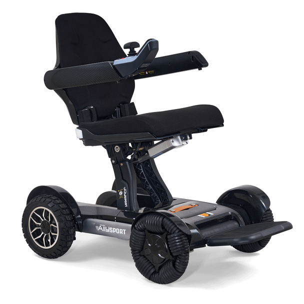 Ally Sport Power Wheelchair in Carbon Fiber, front three-quarter view facing right, armrest raised