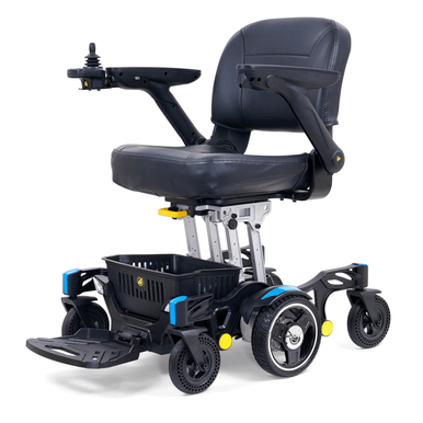 Buzzaround Carry-On Powerchair in Blue, front three-quarter view facing left