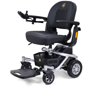 LiteRider Envy Power Wheelchair in Satin Silver, front three-quarter view facing left
