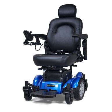 Compass HD Power Wheelchair in Blue, front three-quarter view facing left