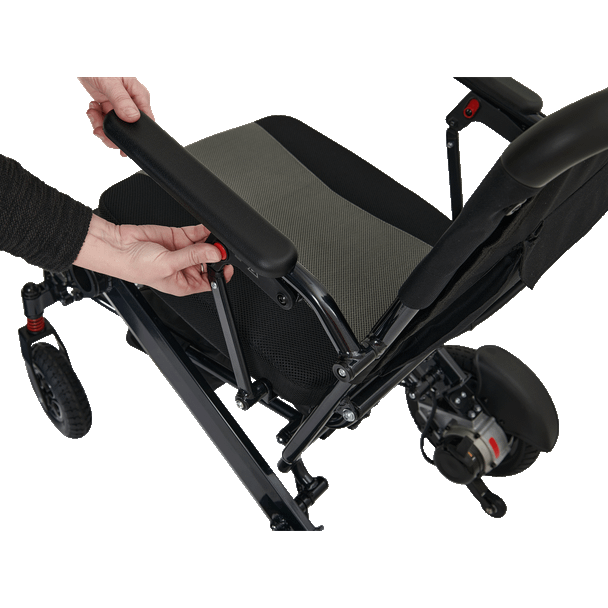 Stride Power Wheelchair, pressing the transfer armrest release button