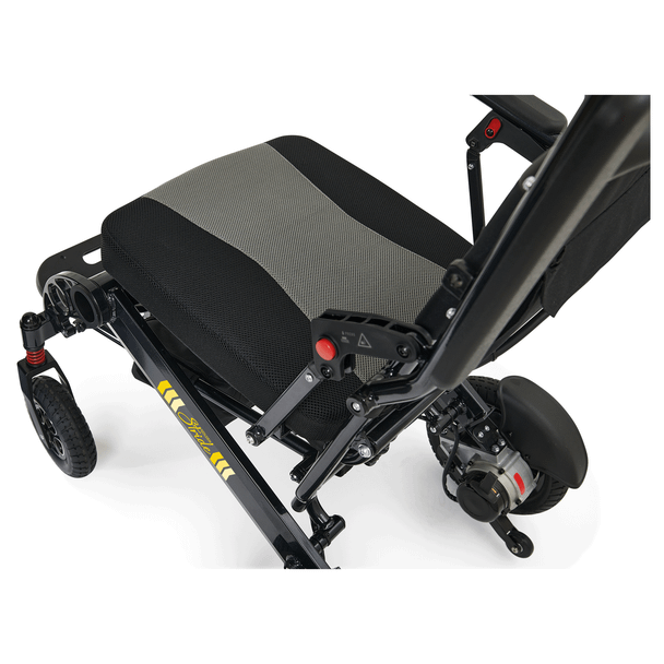 Stride Power Wheelchair, transfer armrest swung open