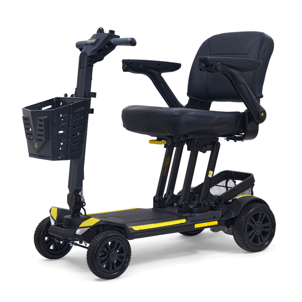 Buzzaround CarryOn HD Travel 4-Wheel Scooter in Yellow, front three-quarter view facing left