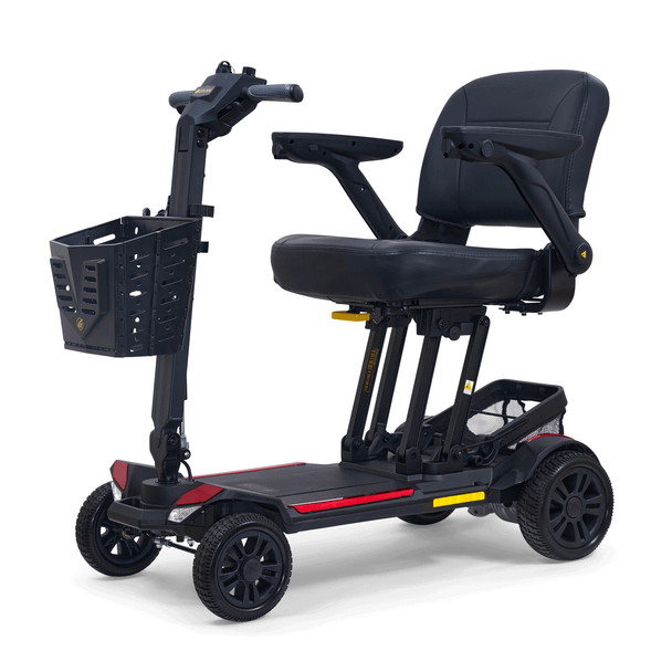Buzzaround CarryOn HD Travel 4-Wheel Scooter in Red, front three-quarter view facing left