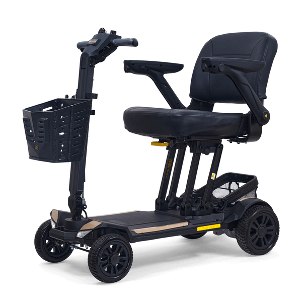 Buzzaround CarryOn HD Travel 4-Wheel Scooter in Tan, front three-quarter view facing left
