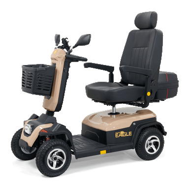 Golden Eagle 4-Wheel Scooter in Desert Tan, front three-quarter view facing left