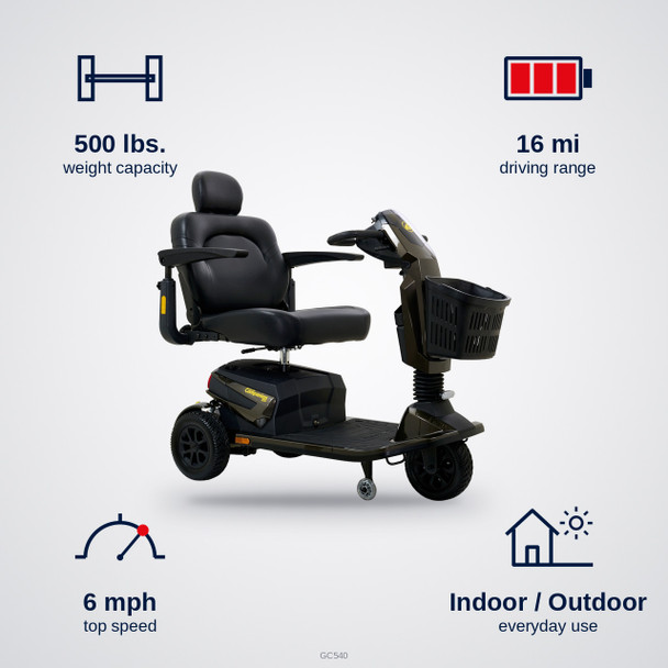 Golden Companion HD 3-Wheel Scooter specifications: 500 lbs. capacity, 16 mi range, 6 mph top speed