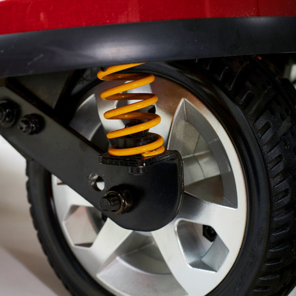 Golden Companion Full-Size 3-Wheel Scooter, Crimson Red, close-up of the rear suspension and wheel