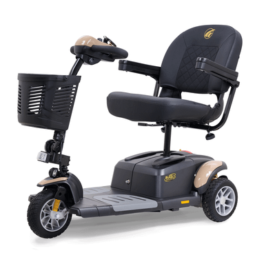 Buzzaround EX 3-Wheel Scooter in Desert Tan, front three-quarter view facing left